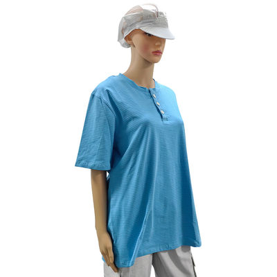 Chambre blanche 99% coton + 1% fibre de carbone bleu unisexe ESD T-shirt anti-statique O-col avec 3 boutons