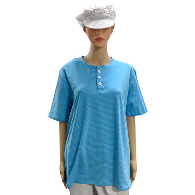 Chambre blanche 99% coton + 1% fibre de carbone bleu unisexe ESD T-shirt anti-statique O-col avec 3 boutons